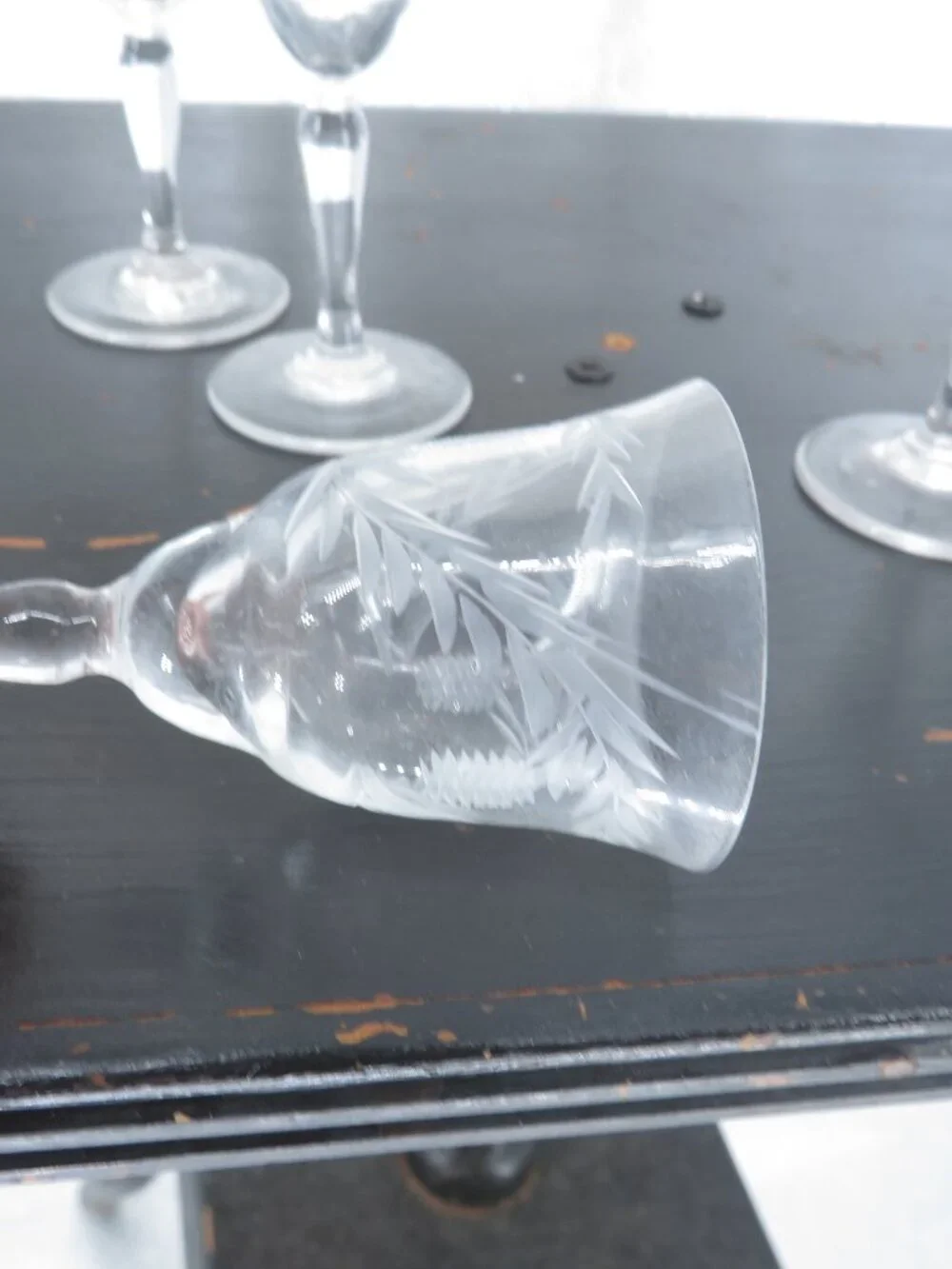Vintage Etched Wheat Crystal Cordial Glasses Clear Set 5 Small Wine Stemware Cup